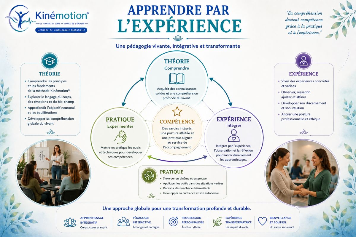 Apprendre par l'expérience en formation Kinémotion® Infographie Kinémotion illustrant l'apprentissage par l'expérience à travers l'association de la théorie, de la pratique et de l'intégration pour développer les compétences du futur praticien.