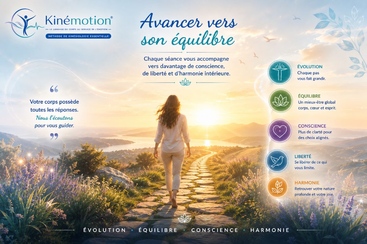 Avancer vers son équilibre avec Kinémotion® Personne avançant sur un chemin lumineux vers davantage d'équilibre, de conscience et d'harmonie grâce à l'accompagnement Kinémotion.