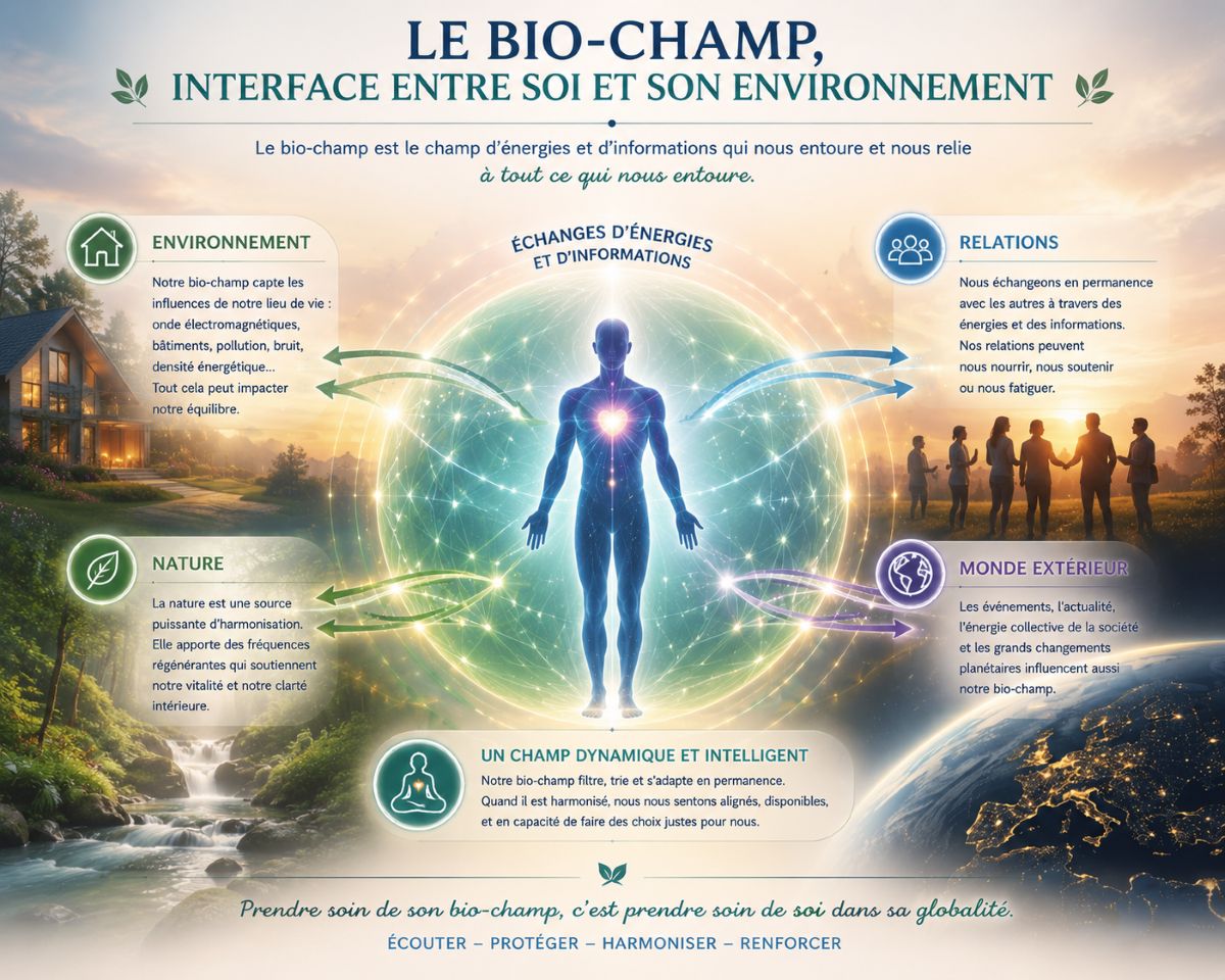 Le bio-champ, interface entre soi et son environnement Le bio-champ relie l'être humain à son environnement, à la nature, aux relations et au monde extérieur selon la vision Kinémotion®