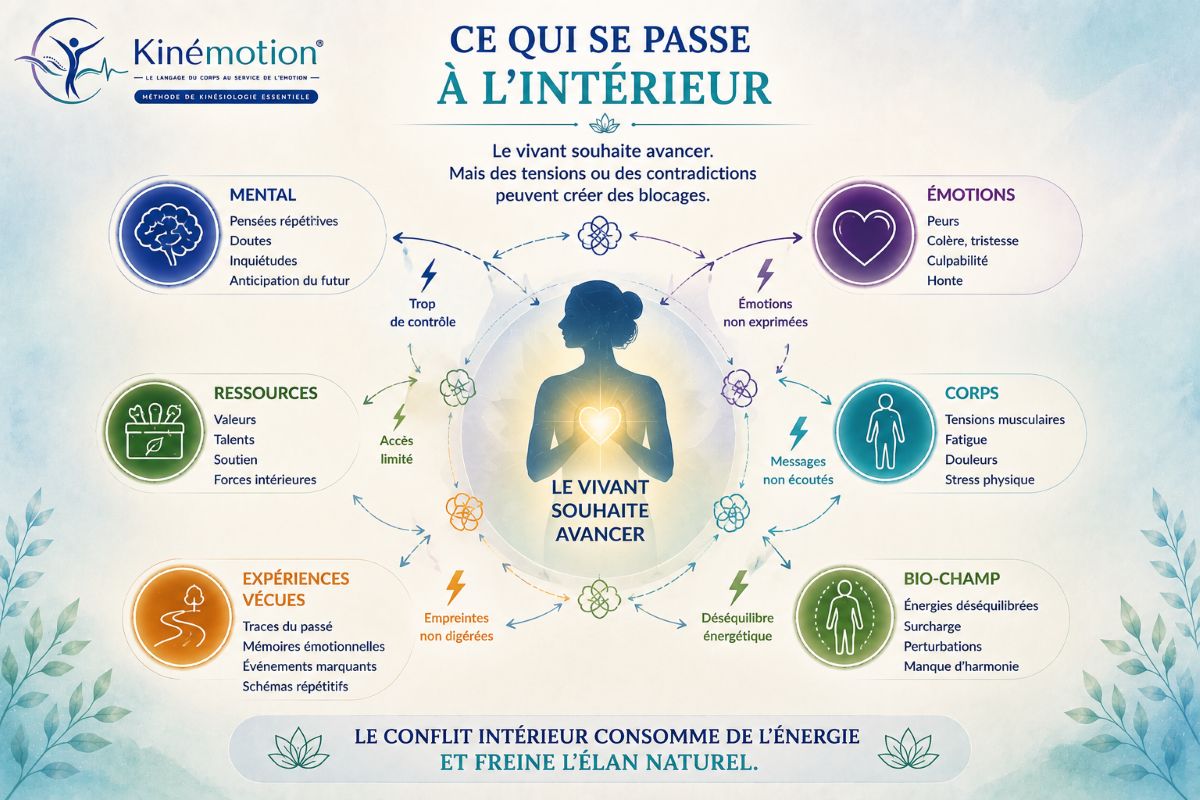 Ce qui se passe à l'intérieur lors d'un blocage personnel Infographie Kinémotion expliquant les interactions entre le mental, les émotions, le corps, le bio-champ, les expériences vécues et les ressources lors d'un blocage personnel.