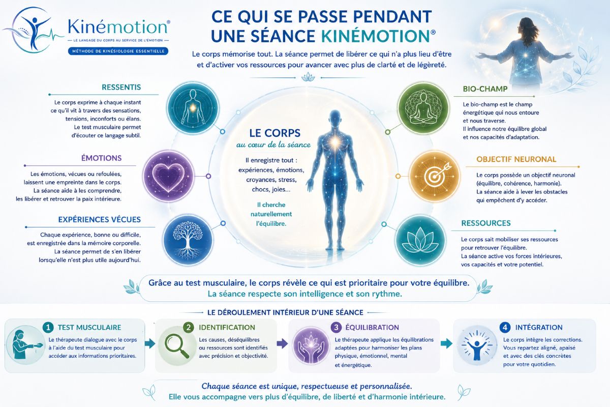 Ce qui se passe pendant une séance Kinémotion® Infographie expliquant ce qui se passe pendant une séance Kinémotion avec le corps, les émotions, les ressentis, le bio-champ, l'objectif neuronal et les ressources.