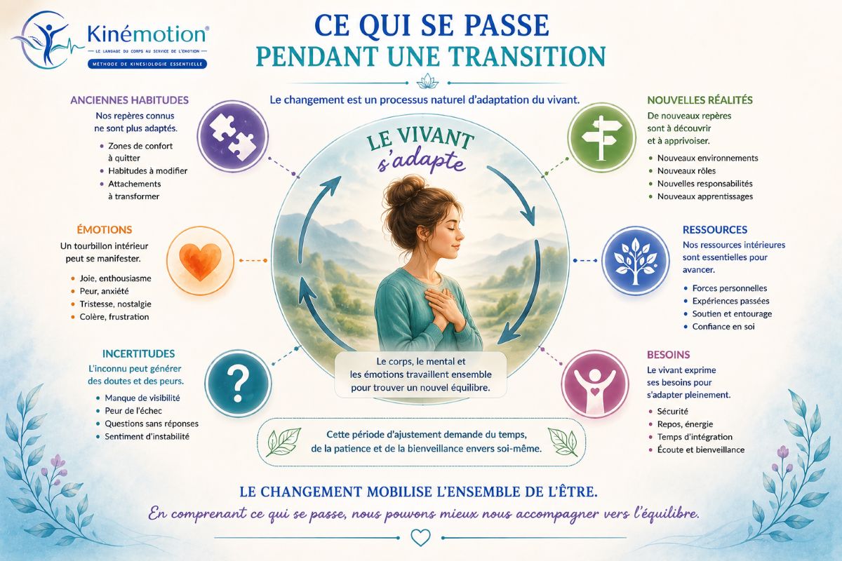 Ce qui se passe pendant une transition de vie Infographie Kinémotion expliquant les mécanismes d'adaptation lors d'une période de transition avec les anciennes habitudes, les nouvelles réalités, les émotions, les incertitudes, les ressources et les besoins.