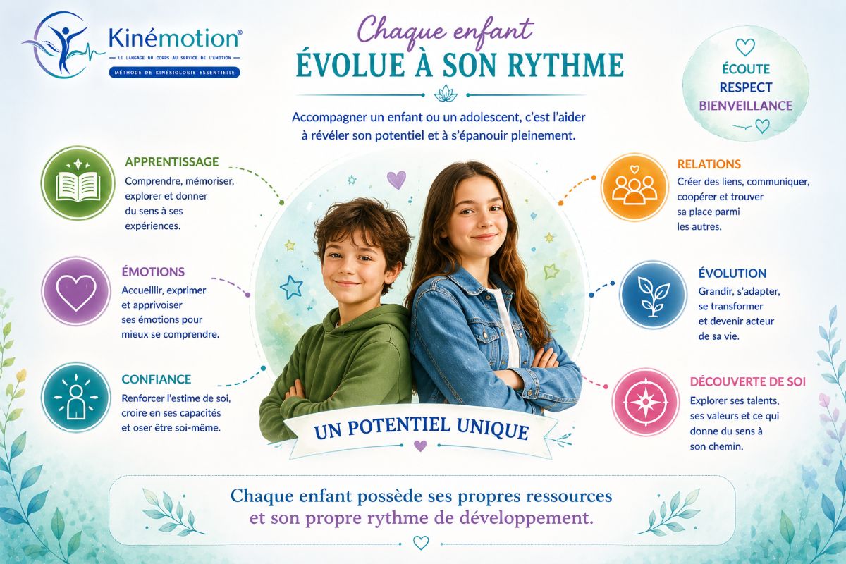 Chaque enfant évolue à son rythme avec Kinémotion® Infographie Kinémotion présentant le développement de l'enfant et de l'adolescent à travers l'apprentissage, les émotions, la confiance, les relations, l'évolution personnelle et la découverte de soi.