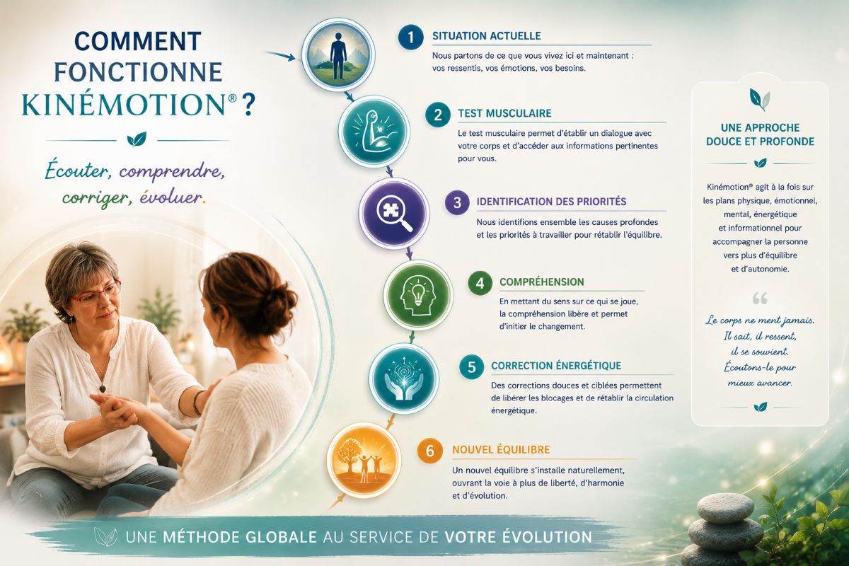 Comment fonctionne la méthode Kinémotion® ? Les différentes étapes de la méthode Kinémotion® : situation actuelle, test musculaire, identification des priorités, compréhension, correction énergétique et nouvel équilibre