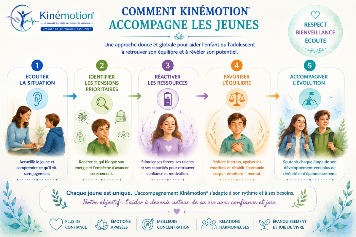 Comment Kinémotion® accompagne les enfants et les adolescents Infographie présentant les différentes étapes de l'accompagnement Kinémotion pour les enfants et adolescents : écoute, identification des tensions, réactivation des ressources, équilibre et évolution.