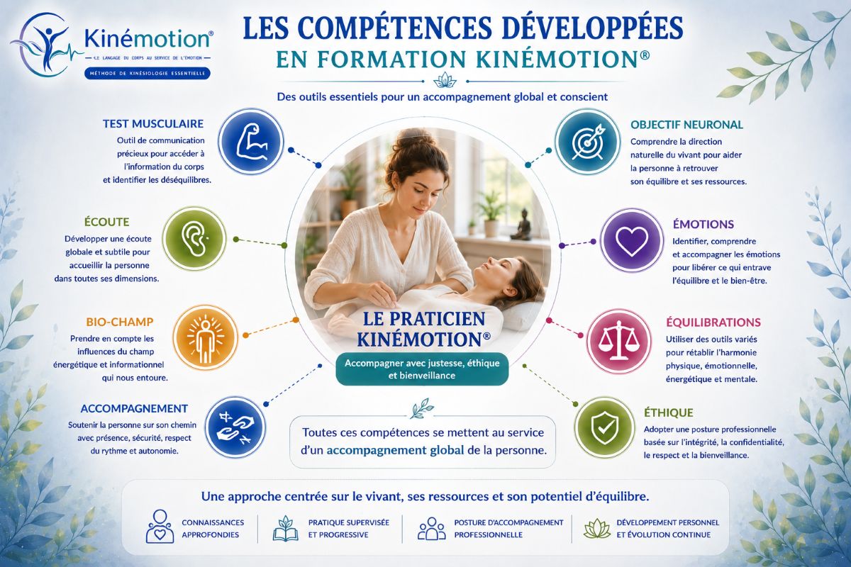 Les compétences développées en formation Kinémotion® Infographie Kinémotion présentant les compétences développées durant la formation : test musculaire, écoute, bio-champ, accompagnement, objectif neuronal, émotions, équilibrations et éthique.