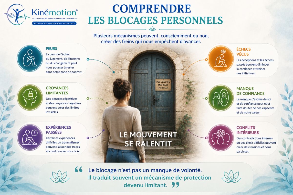 Comprendre les blocages personnels avec Kinémotion® Infographie expliquant les principaux mécanismes à l'origine des blocages personnels : peurs, croyances limitantes, expériences passées, manque de confiance, conflits intérieurs et échecs vécus.