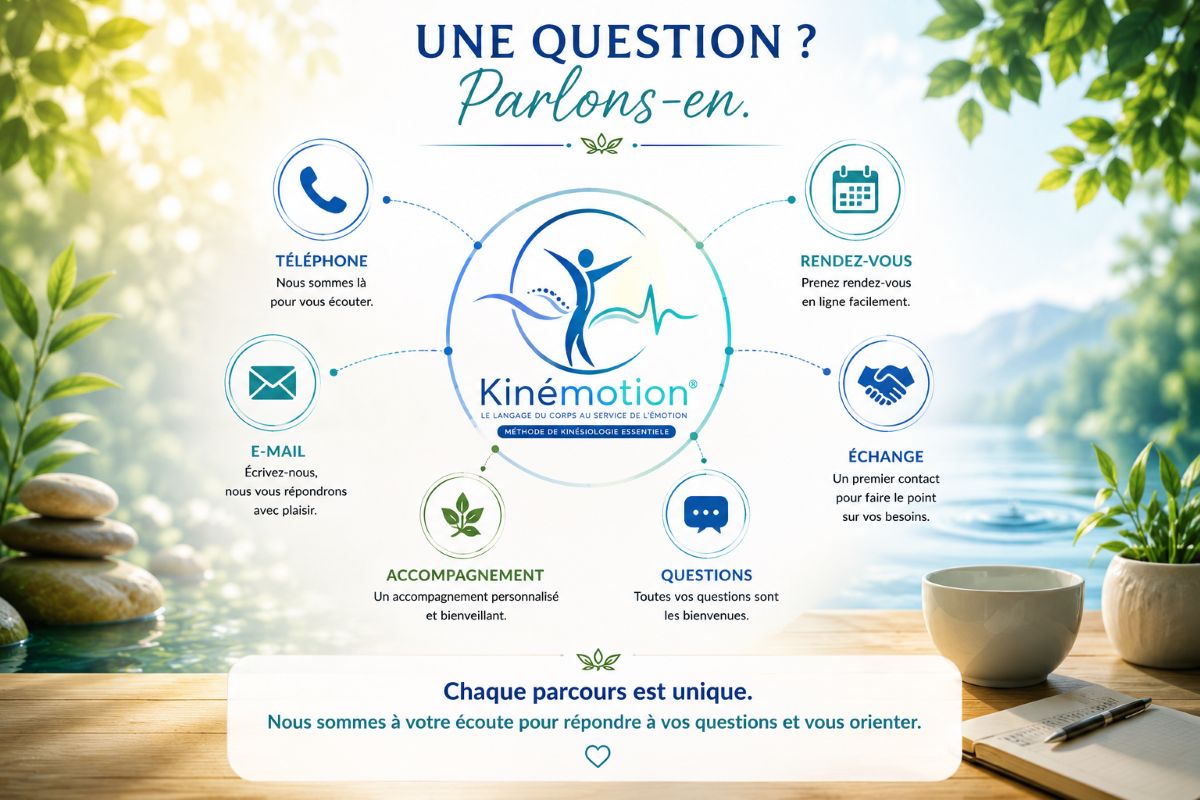 Contactez Kinémotion® – Nous sommes à votre écoute Illustration de contact Kinémotion présentant les différents moyens de prise de contact : téléphone, e-mail, rendez-vous, échange et accompagnement personnalisé.
