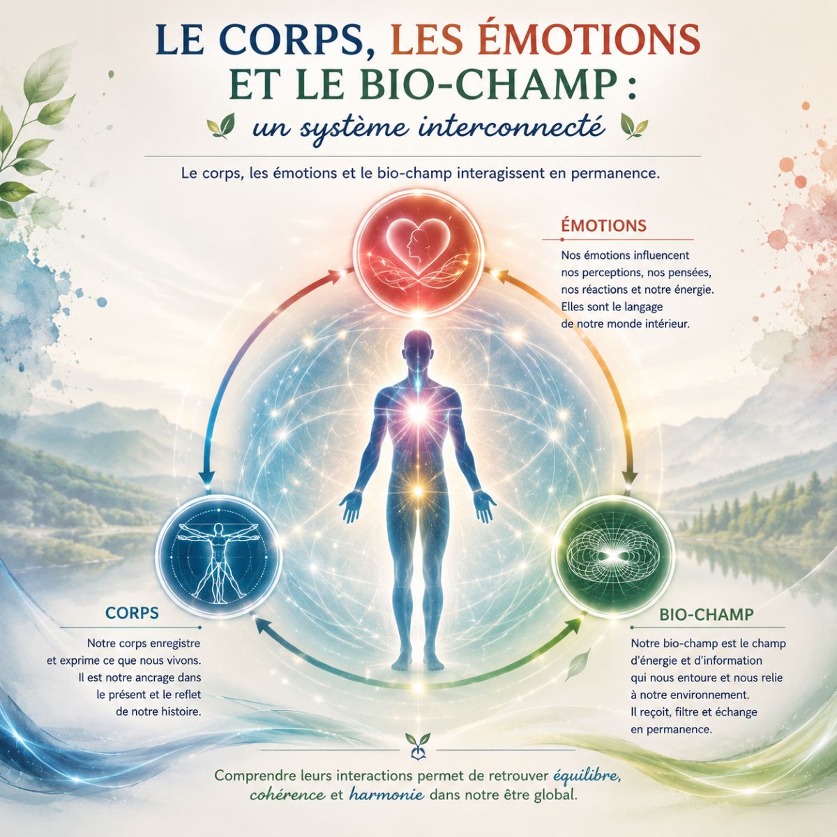 Le corps, les émotions et le bio-champ Le corps, les émotions et le bio-champ forment un système interconnecté influençant l'équilibre global de l'être humain selon la méthode Kinémotion®
