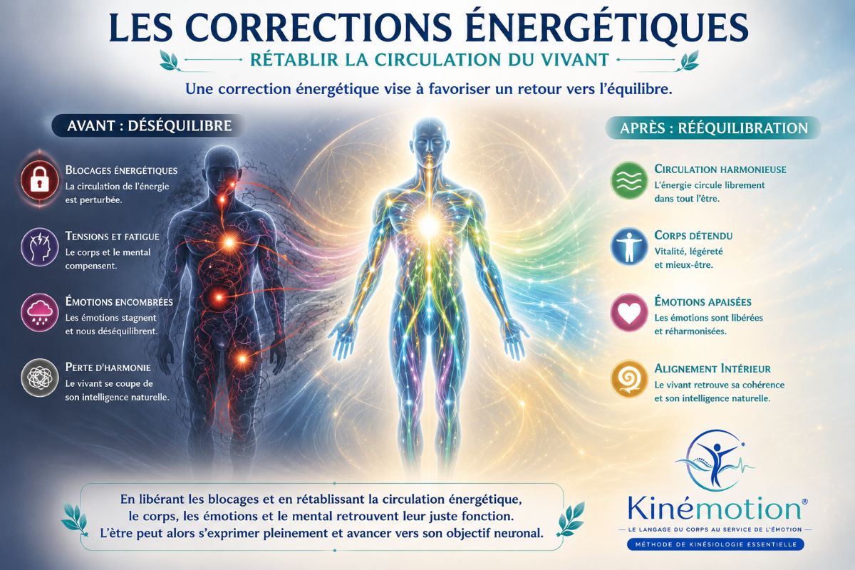 Les corrections énergétiques – Rétablir la circulation du vivant Les corrections énergétiques selon la méthode Kinémotion® favorisent le rétablissement de la circulation du vivant et le retour vers l'équilibre