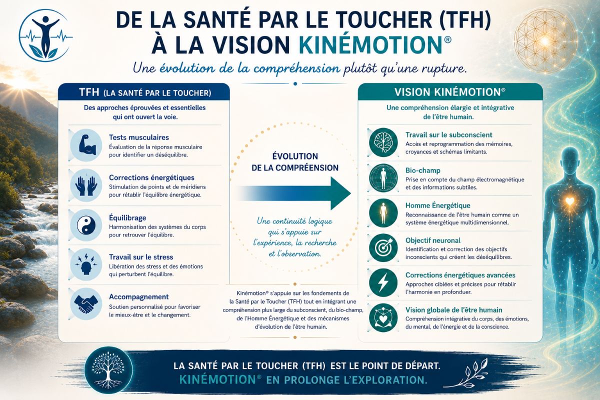 De la Santé par le Toucher (TFH) à la vision Kinémotion® Comparatif entre la Santé par le Toucher TFH et la vision Kinémotion®, montrant l'évolution de la compréhension vers le subconscient, le bio-champ, l'Homme Énergétique et l'objectif neuronal