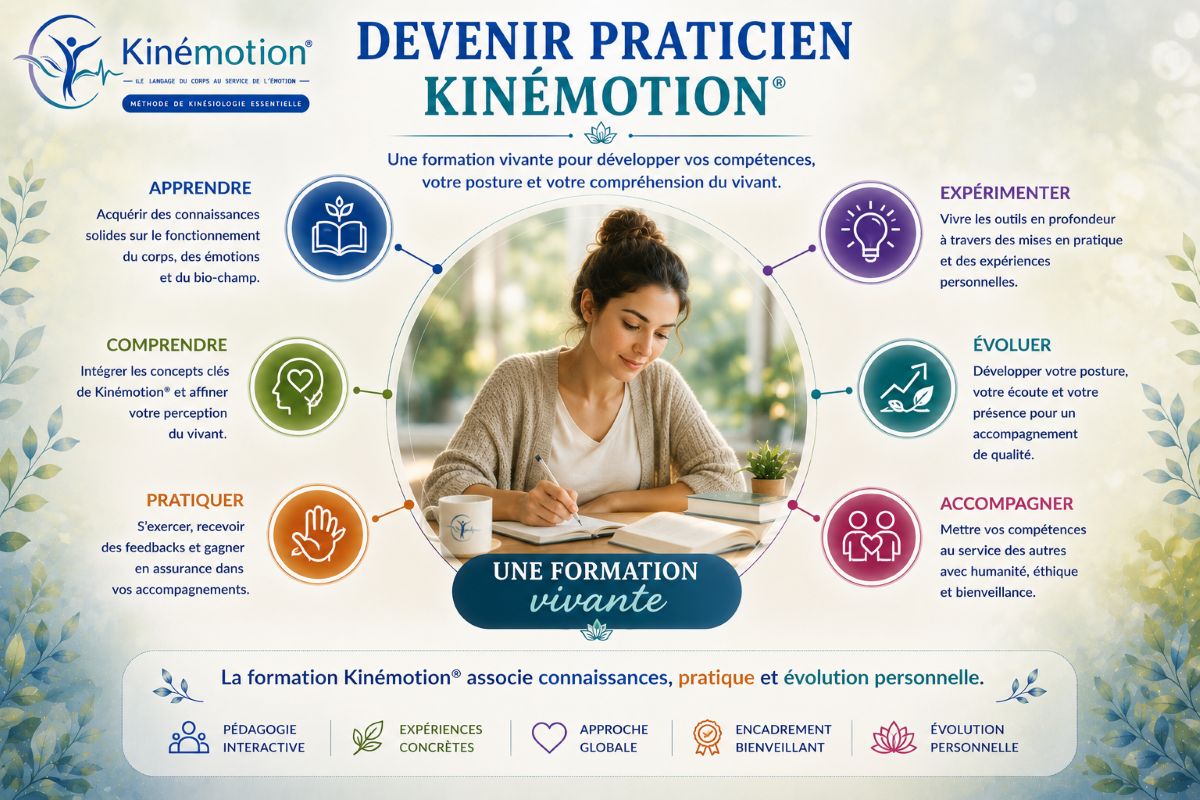 Devenir praticien Kinémotion® – Une formation vivante Infographie Kinémotion présentant les étapes du développement d'un futur praticien : apprendre, comprendre, pratiquer, expérimenter, évoluer et accompagner.