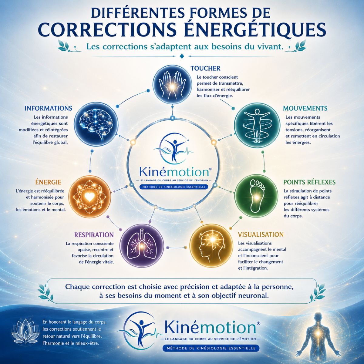 Différentes formes de corrections énergétiques – Kinémotion® Différentes formes de corrections énergétiques utilisées dans la méthode Kinémotion® : toucher, mouvements, points réflexes, visualisation, respiration, énergie et informations