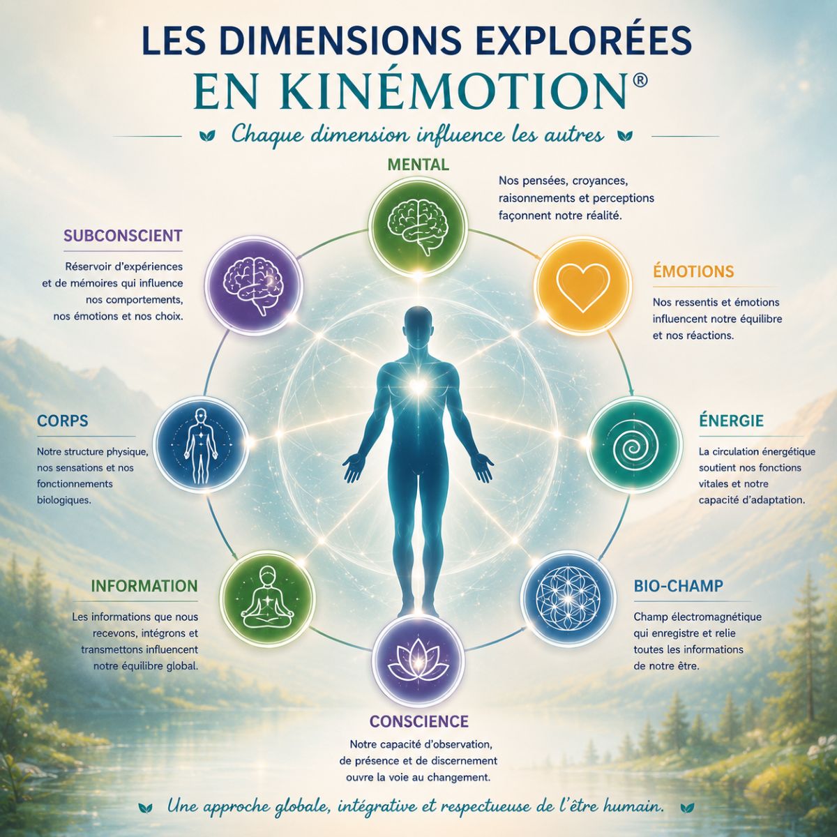 Les dimensions explorées en Kinémotion® Les différentes dimensions explorées en Kinémotion® : corps, subconscient, mental, émotions, énergie, bio-champ, conscience et information