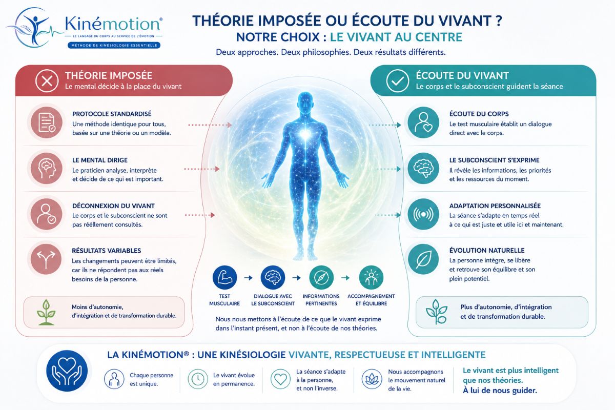 Écouter le vivant plutôt qu'imposer une théorie Kinémotion® privilégie l'écoute du vivant, du corps et du subconscient plutôt que l'application d'une théorie imposée