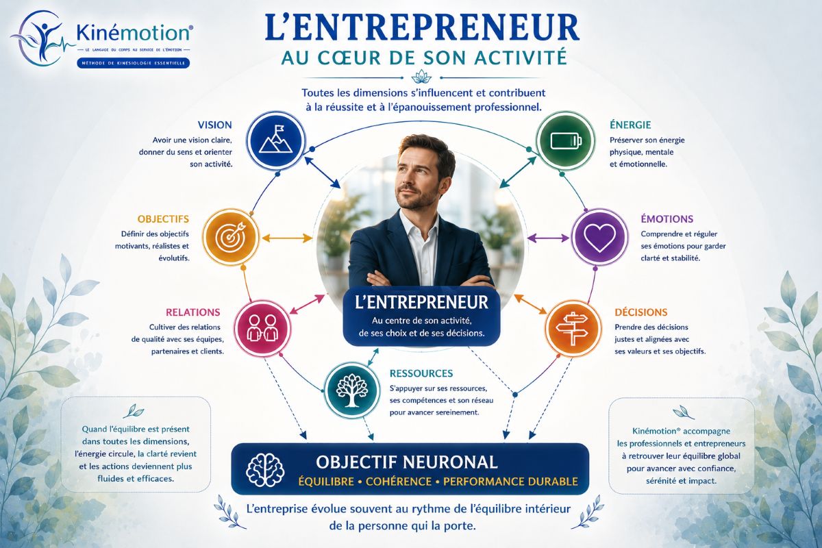 L'entrepreneur au cœur de son activité avec Kinémotion® Infographie Kinémotion illustrant les différentes dimensions qui influencent l'entrepreneur : vision, énergie, émotions, décisions, relations, ressources et objectif neuronal.