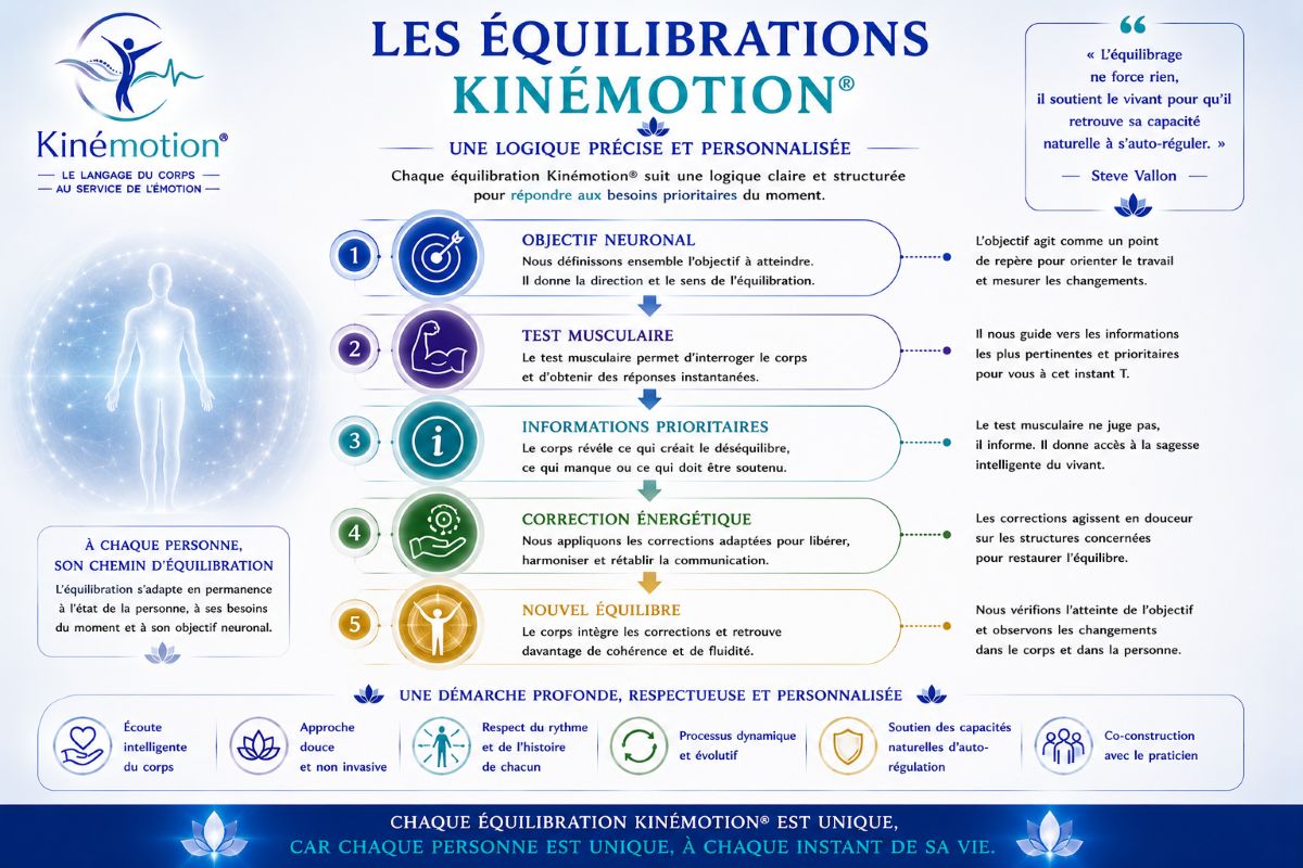 Une équilibration Kinémotion® suit une logique précise et personnalisée Les étapes d'une équilibration Kinémotion® : objectif neuronal, test musculaire, informations prioritaires, correction énergétique et nouvel équilibre