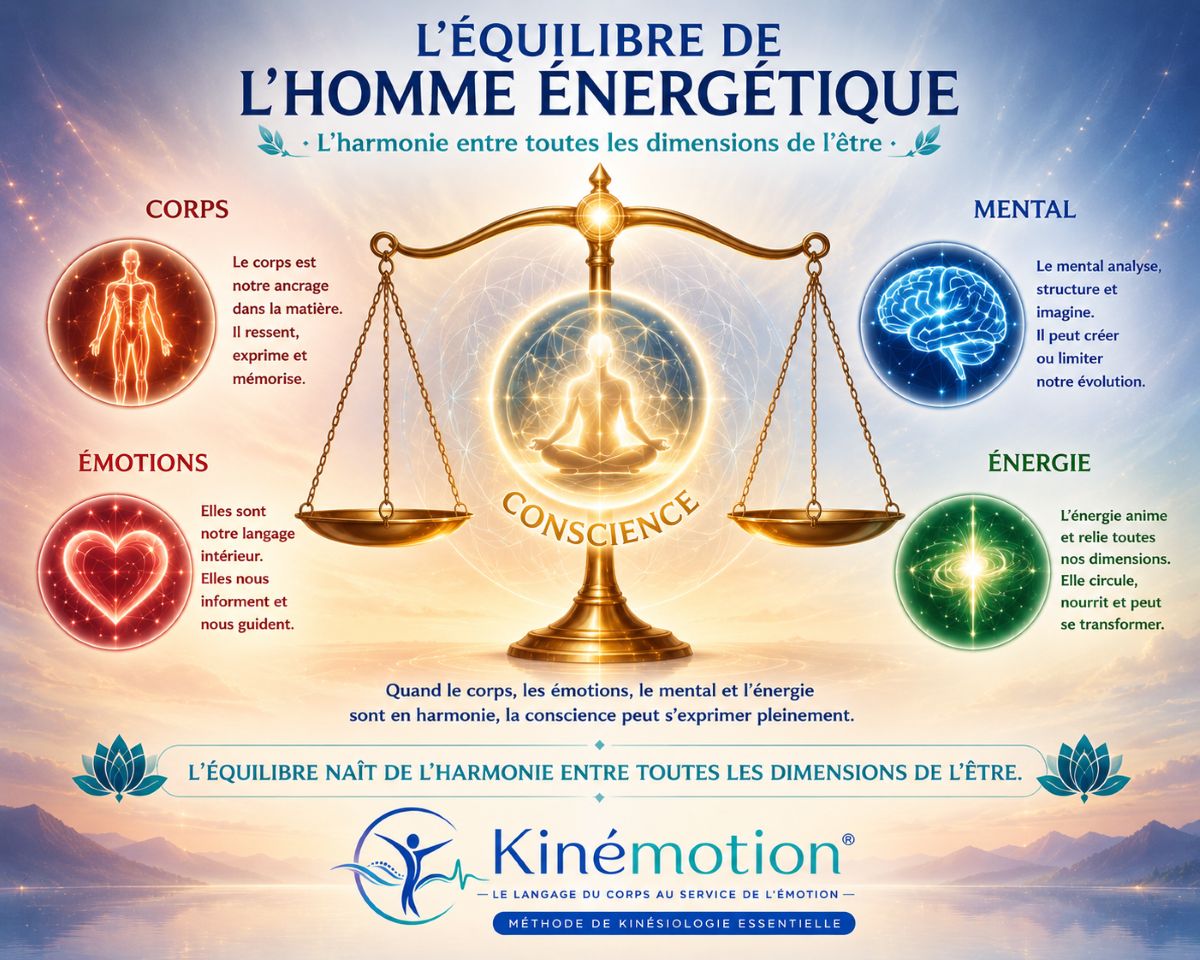 L'équilibre de l'Homme Énergétique – Kinémotion® L'équilibre de l'Homme Énergétique selon la méthode Kinémotion® repose sur l'harmonie entre le corps, les émotions, le mental, l'énergie et la conscience