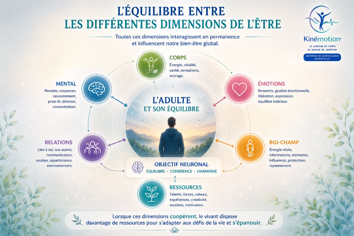 L'équilibre entre les différentes dimensions de l'être Infographie Kinémotion illustrant l'équilibre entre le corps, les émotions, le mental, les relations, le bio-champ et les ressources autour de l'objectif neuronal chez l'adulte.