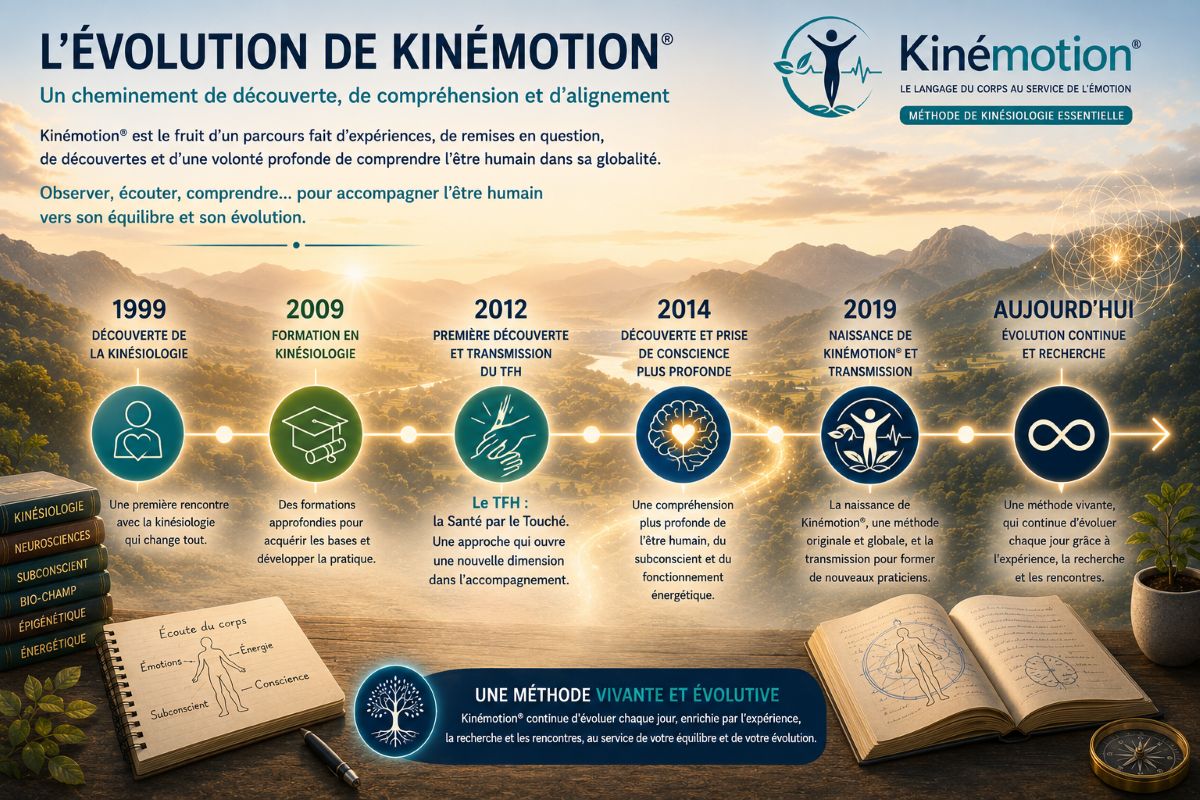 L'évolution de Kinémotion® Frise chronologique illustrant l'évolution de la méthode Kinémotion® depuis la découverte de la kinésiologie jusqu'à son développement actuel