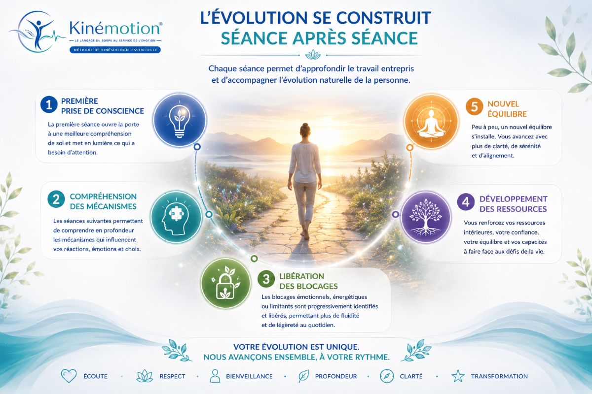 L'évolution se construit séance après séance en Kinémotion® Infographie montrant l'évolution progressive d'une personne au fil des séances Kinémotion avec prise de conscience, compréhension, libération des blocages, développement des ressources et nouvel équilibre.