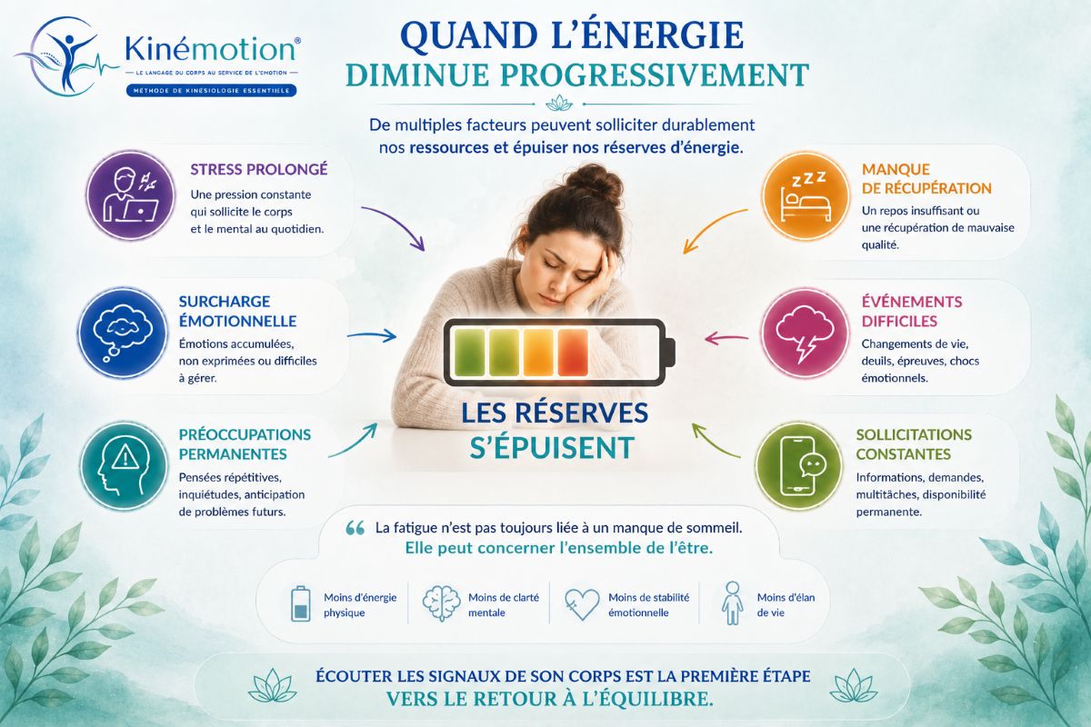 Quand l'énergie diminue progressivement Infographie expliquant les causes de la fatigue et de la perte d'élan avec une diminution progressive des réserves d'énergie liée au stress, à la surcharge émotionnelle et au manque de récupération.