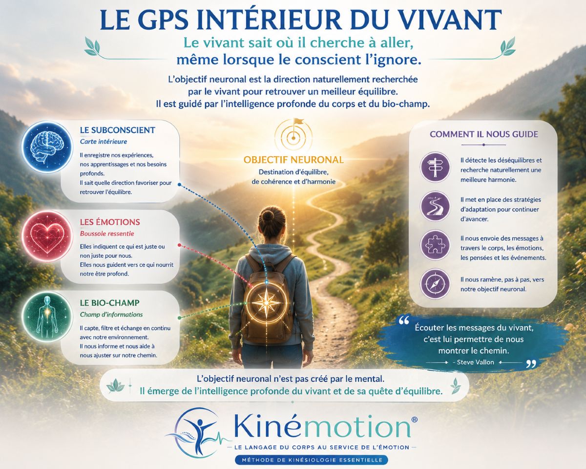 Le GPS intérieur du vivant – Objectif neuronal et direction intérieure Le GPS intérieur du vivant selon la méthode Kinémotion® illustre comment le subconscient, les émotions et le bio-champ guident la personne vers son objectif neuronal