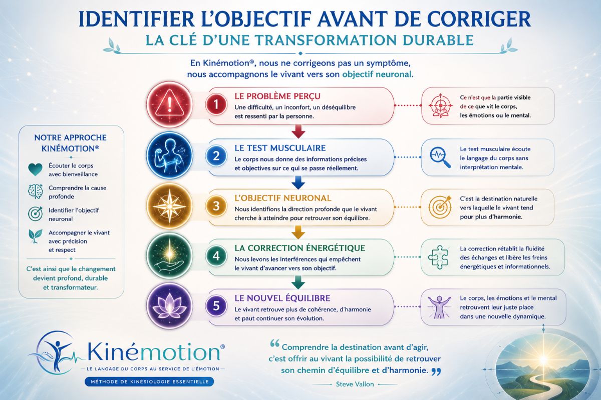 Identifier l'objectif avant de corriger – Méthode Kinémotion® Processus de la méthode Kinémotion® : problème perçu, test musculaire, objectif neuronal, correction énergétique et nouvel équilibre