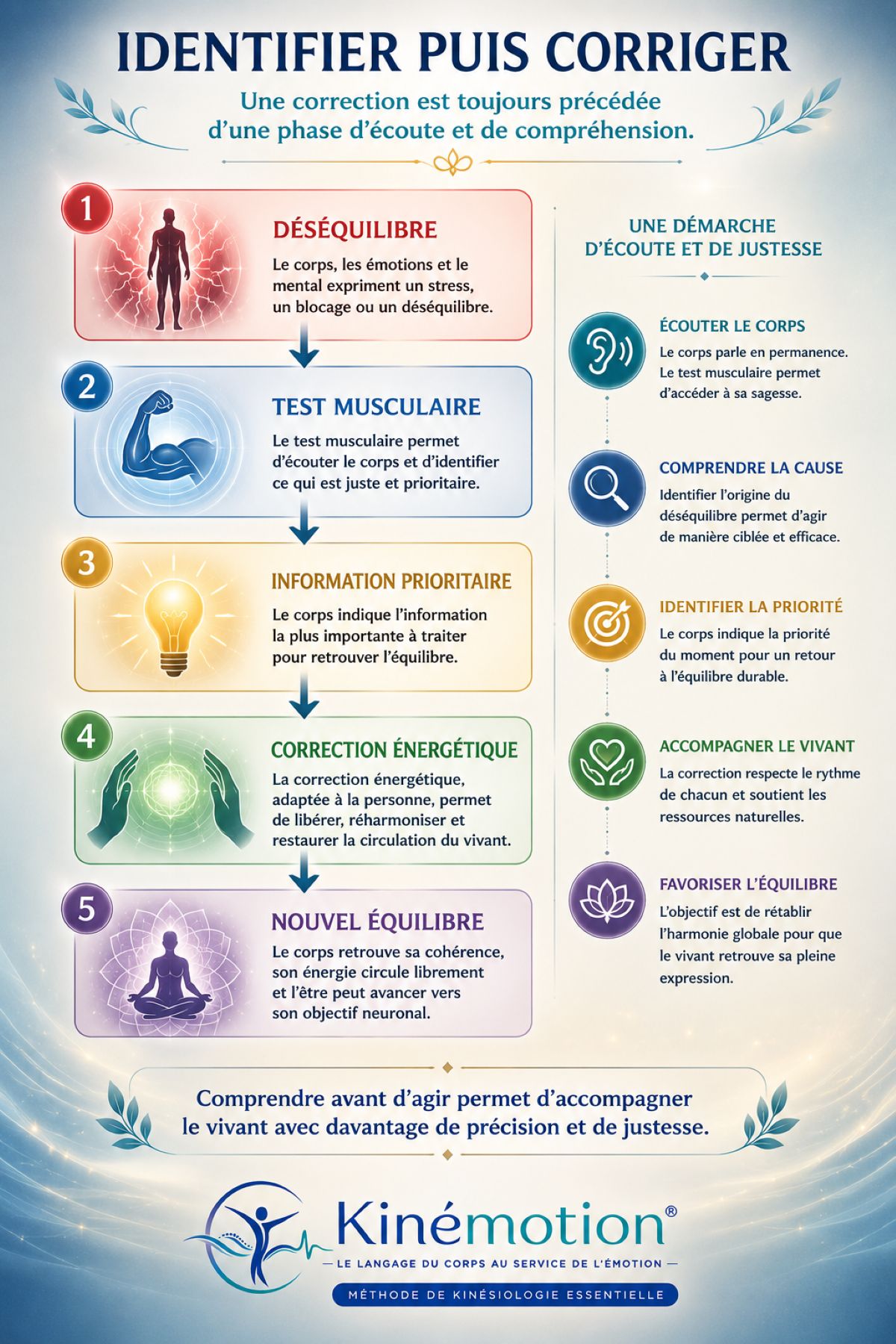 Identifier puis corriger – Le processus Kinémotion® Les étapes d'une correction énergétique selon la méthode Kinémotion® : déséquilibre, test musculaire, information prioritaire, correction énergétique et nouvel équilibre