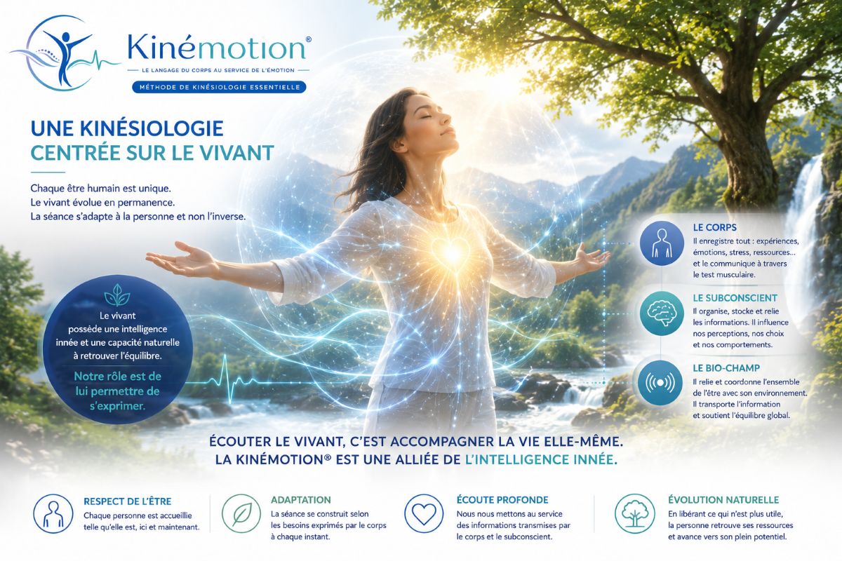 Une kinésiologie centrée sur le vivant Une kinésiologie centrée sur le vivant selon la méthode Kinémotion®, à l'écoute du corps, du subconscient et de l'intelligence naturelle de la personne