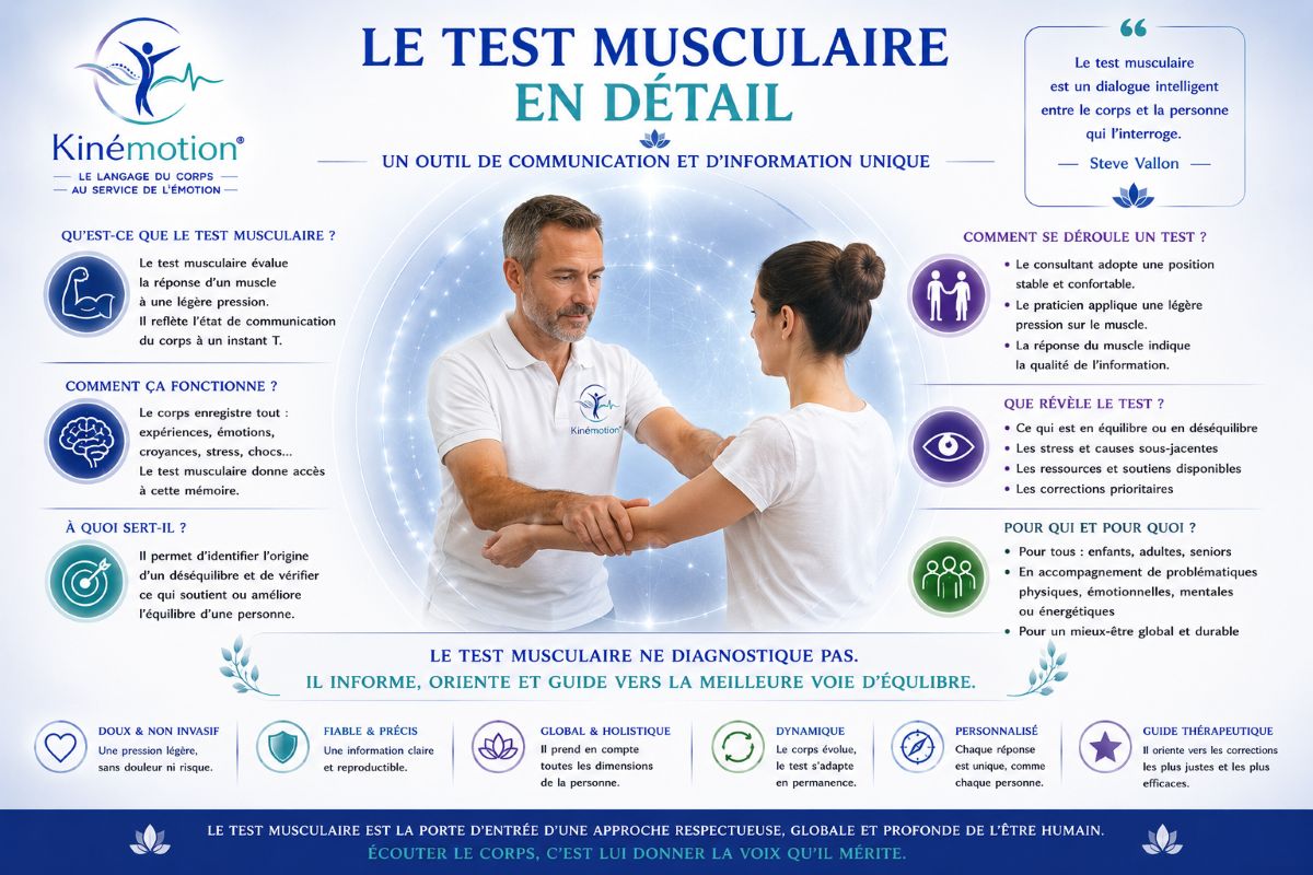 Le test musculaire en détail – Kinémotion® Le test musculaire en détail selon la méthode Kinémotion® : un outil de communication avec le corps permettant d'identifier les déséquilibres, les ressources et les priorités d'accompagnement
