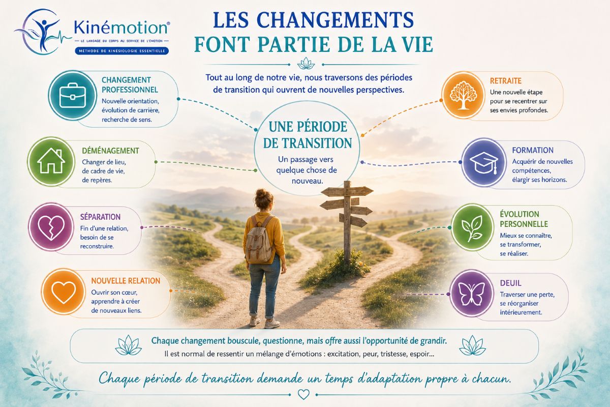 Les changements font partie de la vie – Accompagnement du changement avec Kinémotion® Infographie illustrant les principales transitions de vie : changement professionnel, déménagement, séparation, nouvelle relation, retraite, formation, évolution personnelle et deuil.