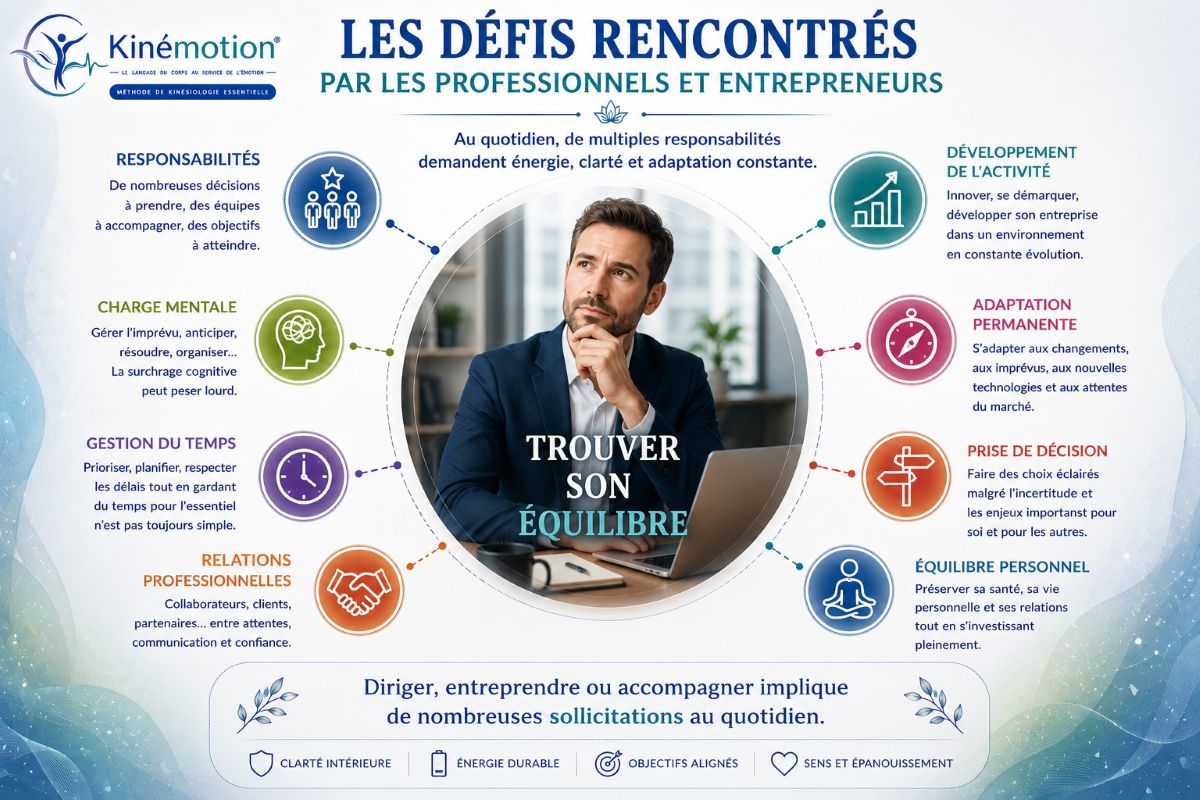 Les défis rencontrés par les professionnels et entrepreneurs Infographie Kinémotion présentant les principaux défis rencontrés par les professionnels et entrepreneurs : responsabilités, charge mentale, gestion du temps, relations professionnelles, développement de l'activité, adaptation permanente, prise de décision et équilibre personnel.