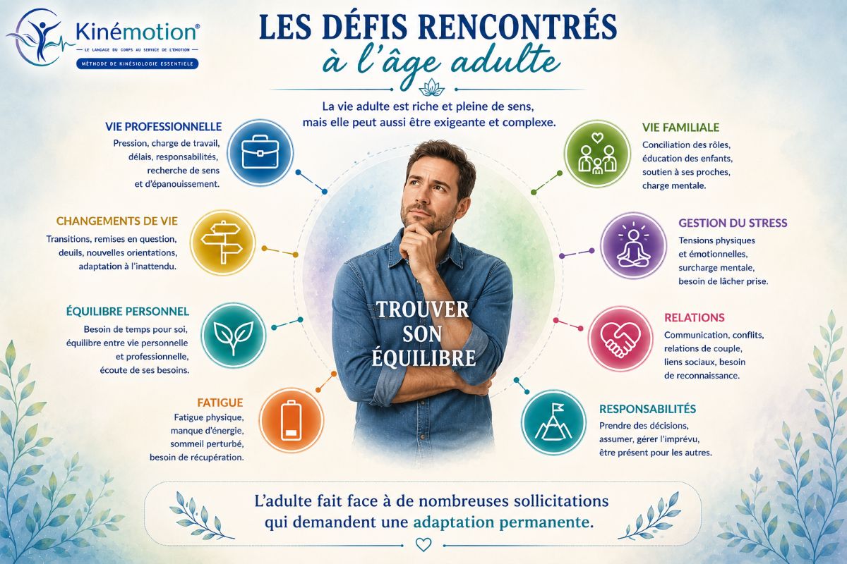 Les défis rencontrés à l'âge adulte avec Kinémotion® Infographie Kinémotion présentant les principaux défis rencontrés à l'âge adulte : vie professionnelle, vie familiale, gestion du stress, relations, responsabilités, fatigue, équilibre personnel et changements de vie.