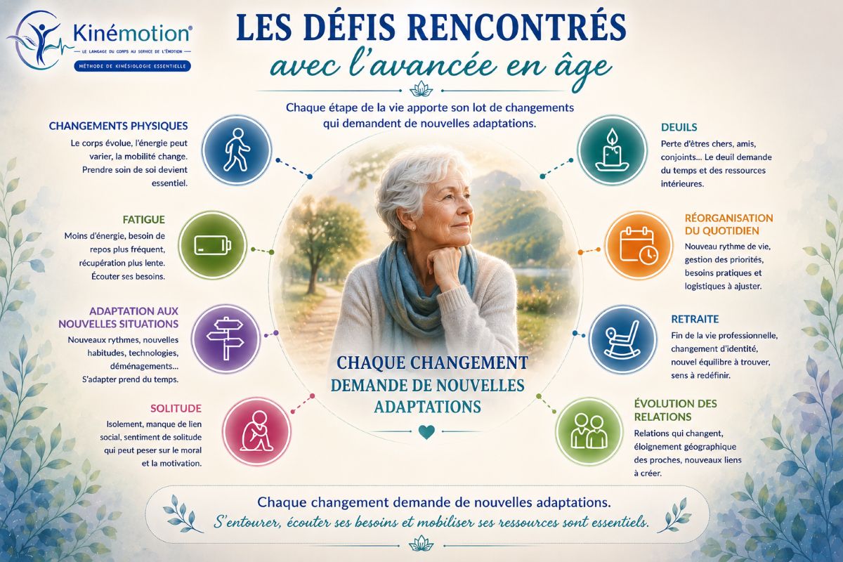 Les défis rencontrés avec l'avancée en âge Infographie Kinémotion présentant les principaux défis rencontrés avec l'avancée en âge : changements physiques, fatigue, adaptation aux nouvelles situations, solitude, deuils, retraite, évolution des relations et réorganisation du quotidien.