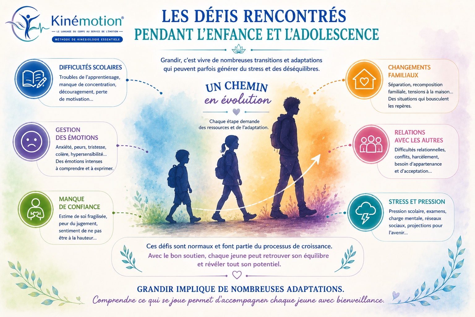 Les défis rencontrés pendant l'enfance et l'adolescence Infographie Kinémotion présentant les principaux défis rencontrés pendant l'enfance et l'adolescence : difficultés scolaires, gestion des émotions, manque de confiance, changements familiaux, relations avec les autres et stress.