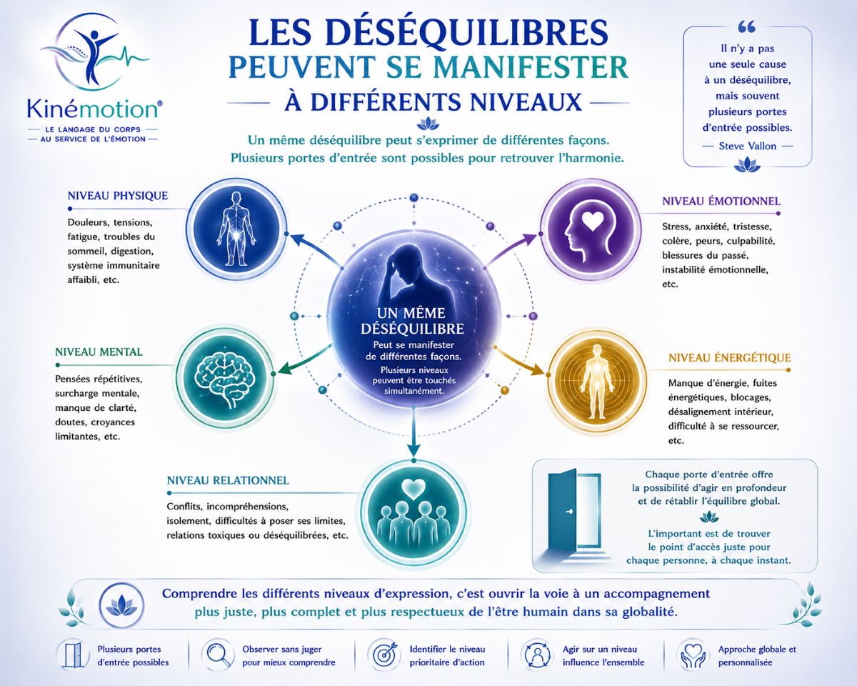 Les déséquilibres peuvent se manifester à différents niveaux – Kinémotion® Les déséquilibres peuvent se manifester à différents niveaux selon la méthode Kinémotion® : physique, émotionnel, mental, énergétique et relationnel