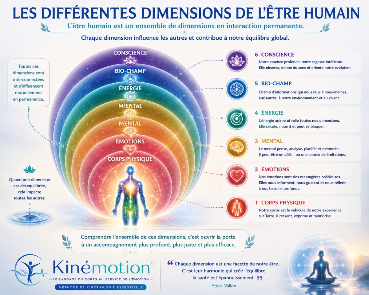 Les différentes dimensions de l'être humain – Vision Kinémotion® Les différentes dimensions de l'être humain selon la vision Kinémotion® : corps physique, émotions, mental, énergie, bio-champ et conscience