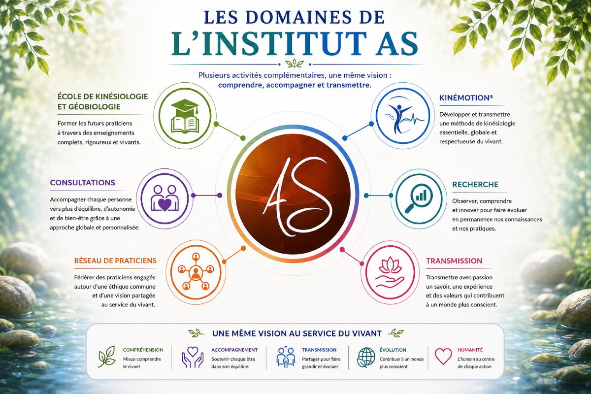 Les domaines de l'Institut AS Infographie présentant les différents domaines de l'Institut AS : École de Kinésiologie et Géobiologie, Kinémotion®, consultations, recherche, transmission et réseau de praticiens.