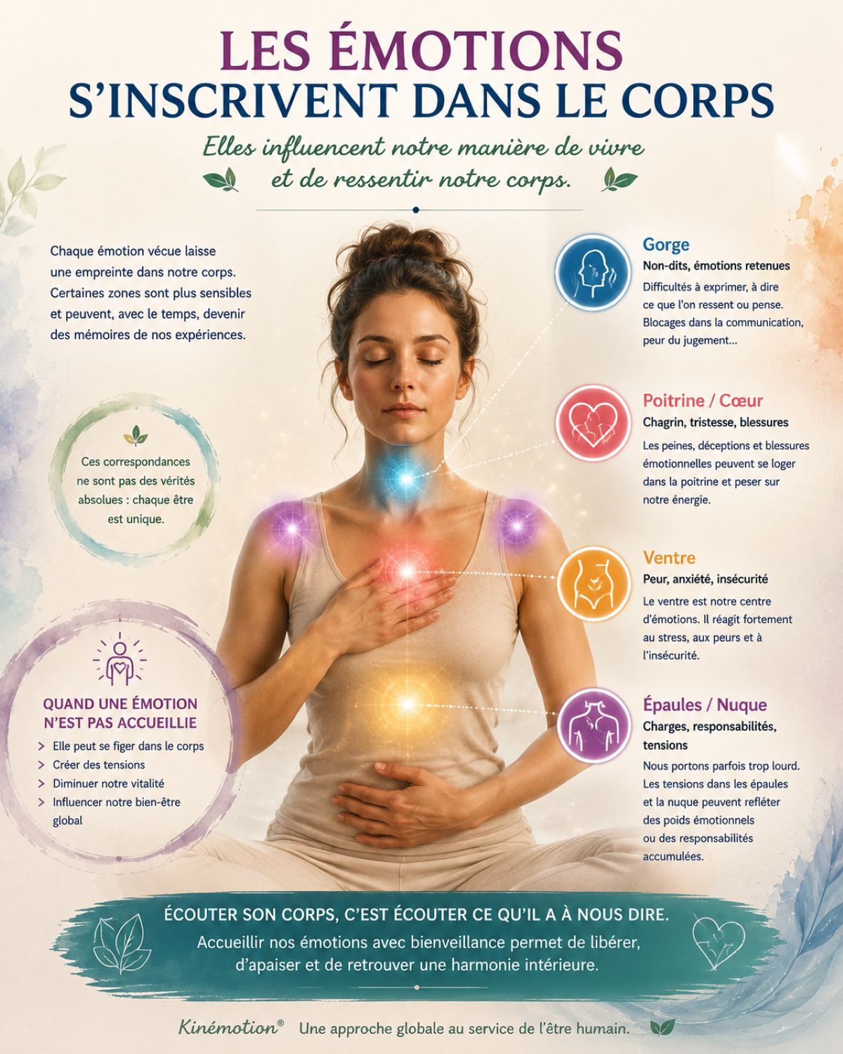 Les émotions s'inscrivent dans le corps Les émotions influencent le corps humain selon la vision Kinémotion®, notamment au niveau de la gorge, du cœur, du ventre et des épaules