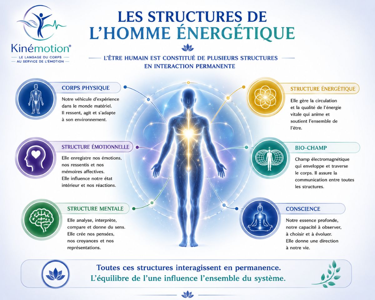 Les structures de l'Homme Énergétique – Vision Kinémotion® Les structures de l'Homme Énergétique selon la méthode Kinémotion® : corps physique, structure émotionnelle, structure mentale, structure énergétique, bio-champ et conscience