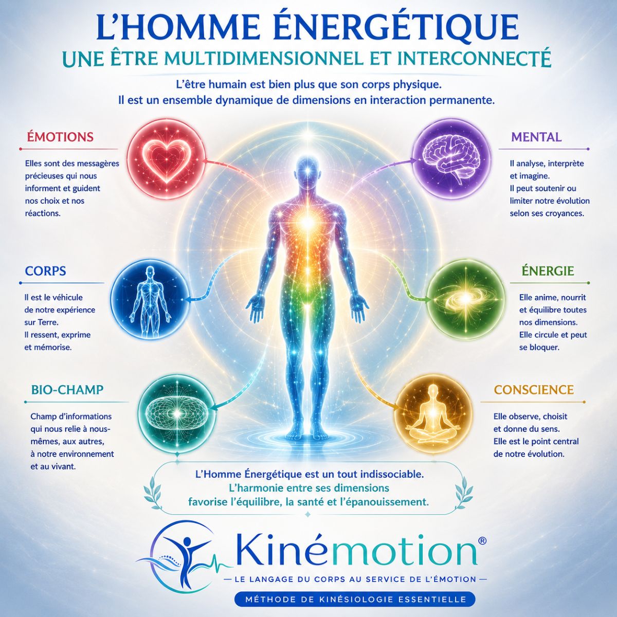 L'Homme Énergétique – Une vision globale de l'être humain L'Homme Énergétique selon la méthode Kinémotion® représente l'interaction entre le corps, les émotions, le mental, l'énergie, le bio-champ et la conscience