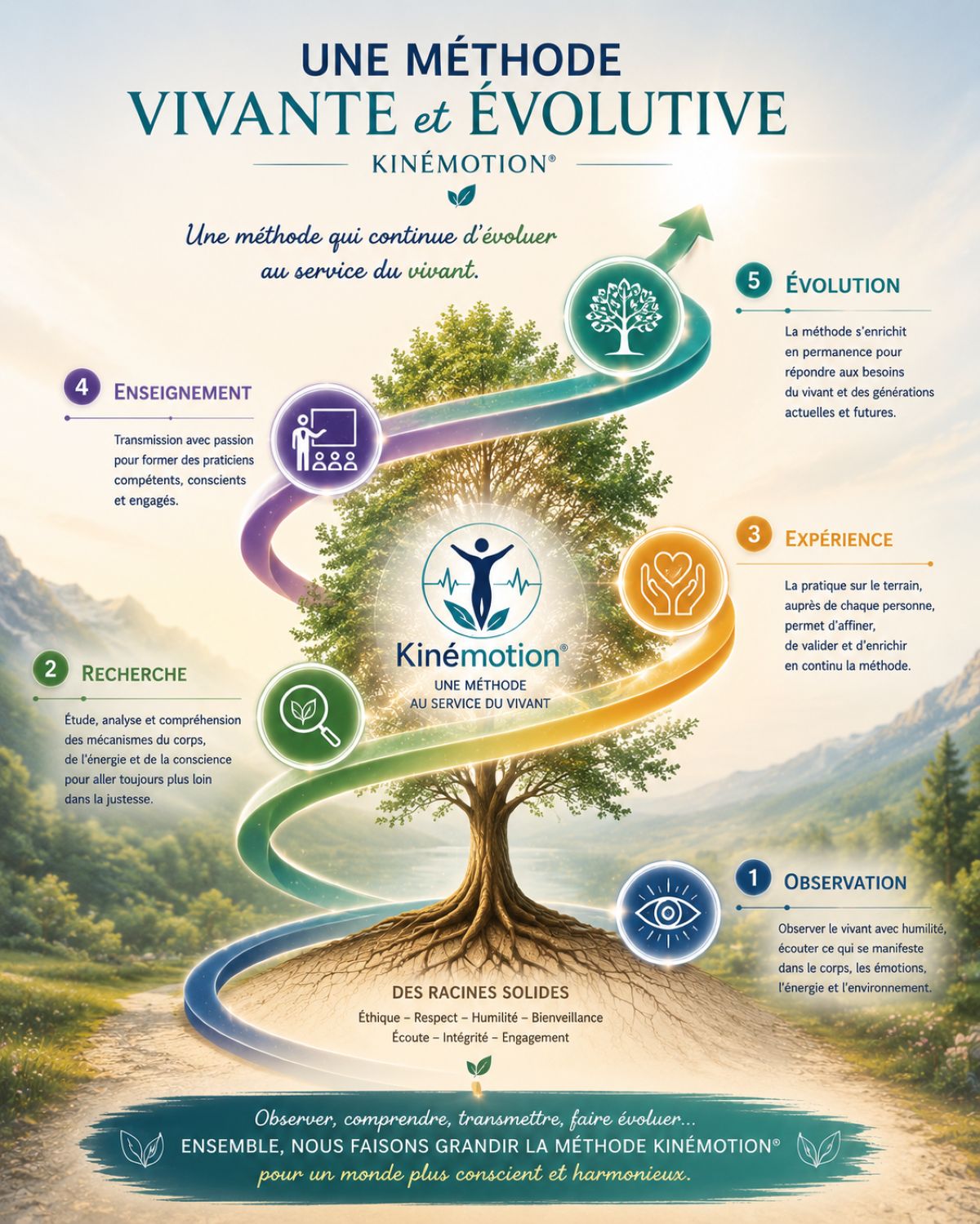 Une méthode vivante et évolutive – Kinémotion® Une méthode vivante et évolutive Kinémotion®, illustrant l'observation, la recherche, l'expérience, l'enseignement et l'évolution au service du vivant