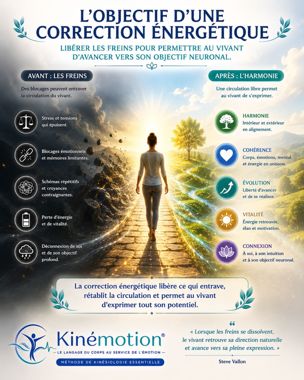 L'objectif d'une correction énergétique – Kinémotion® Objectif d'une correction énergétique selon la méthode Kinémotion® : libérer les freins et permettre au vivant d'avancer vers son objectif neuronal