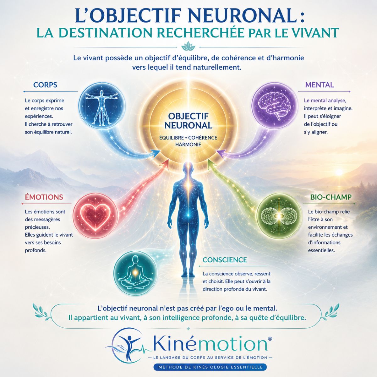 L'objectif neuronal : la destination recherchée par le vivant L'objectif neuronal selon la méthode Kinémotion® représente la direction d'équilibre, de cohérence et d'harmonie recherchée naturellement par le vivant