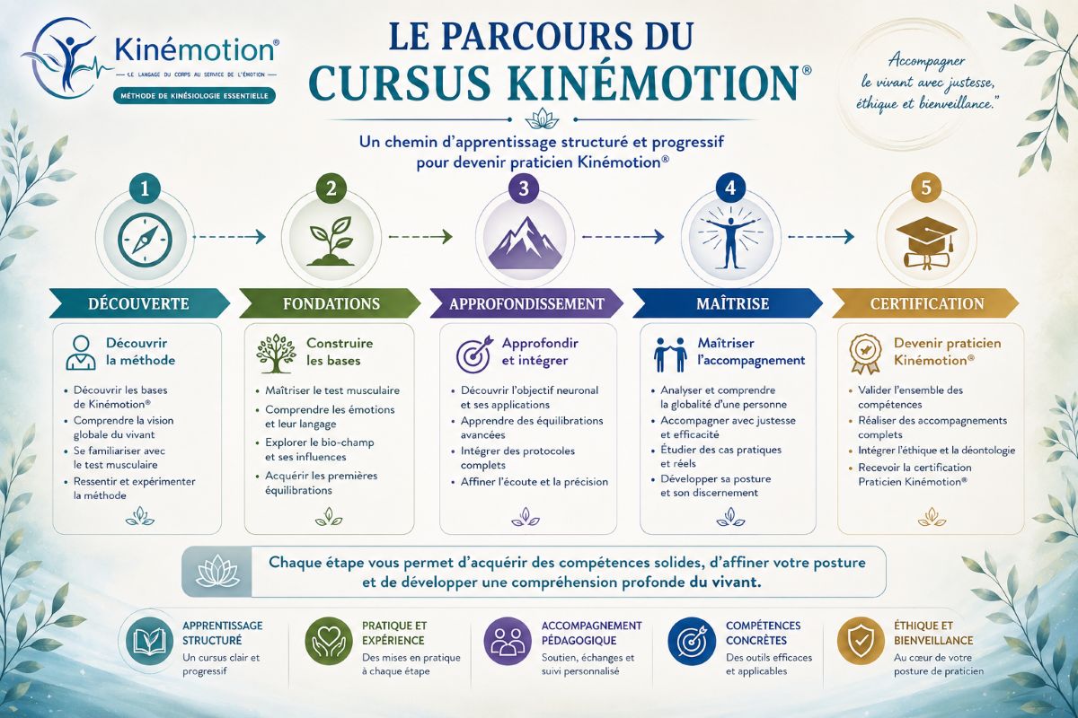Le parcours du cursus Kinémotion® Infographie présentant les différentes étapes du cursus Kinémotion : découverte, fondations, approfondissement, maîtrise et certification pour devenir praticien Kinémotion.
