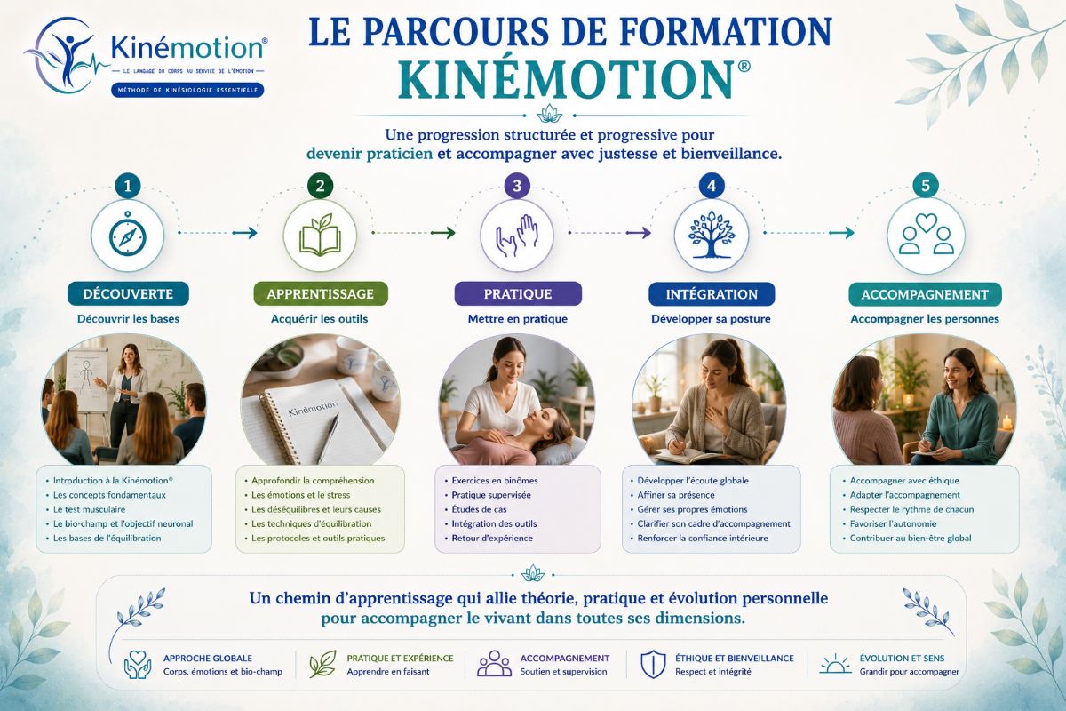 Le parcours de formation Kinémotion® Infographie présentant les différentes étapes du parcours de formation Kinémotion : découverte, apprentissage, pratique, intégration et accompagnement.