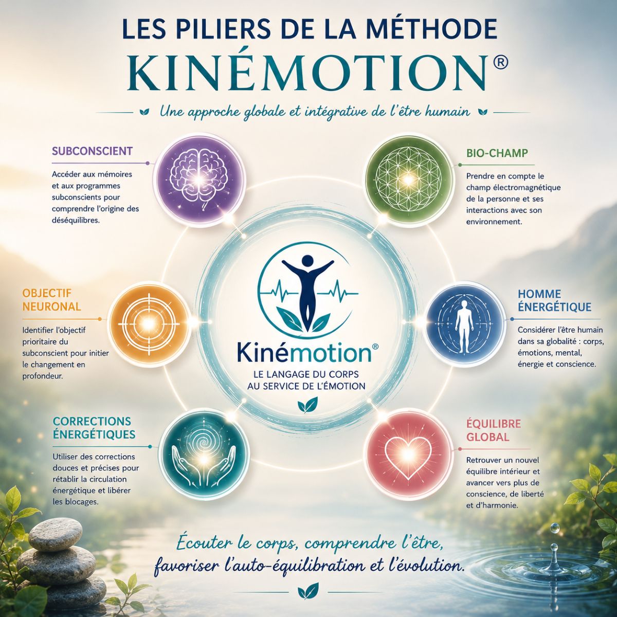 Les piliers de la méthode Kinémotion® Les piliers de la méthode Kinémotion® : subconscient, bio-champ, Homme Énergétique, objectif neuronal, corrections énergétiques et équilibre global