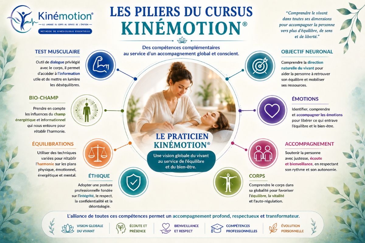 Les piliers du cursus Kinémotion® Infographie Kinémotion présentant les piliers du cursus : test musculaire, bio-champ, équilibrations, éthique, corps, accompagnement, émotions et objectif neuronal.