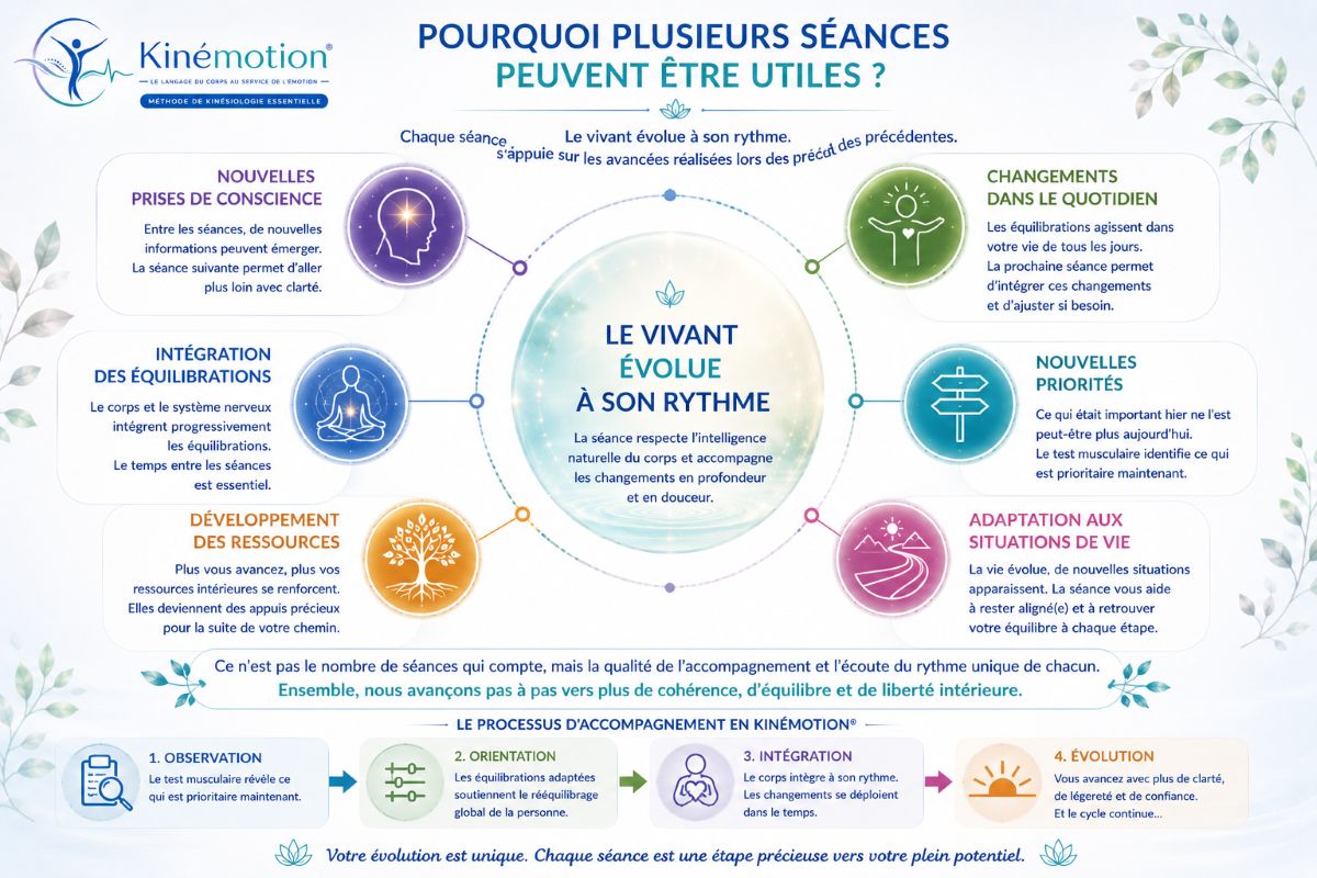Pourquoi plusieurs séances peuvent être utiles en Kinémotion® Infographie expliquant pourquoi plusieurs séances Kinémotion peuvent être utiles pour accompagner l'évolution naturelle de la personne, l'intégration des équilibrations et le développement des ressources.
